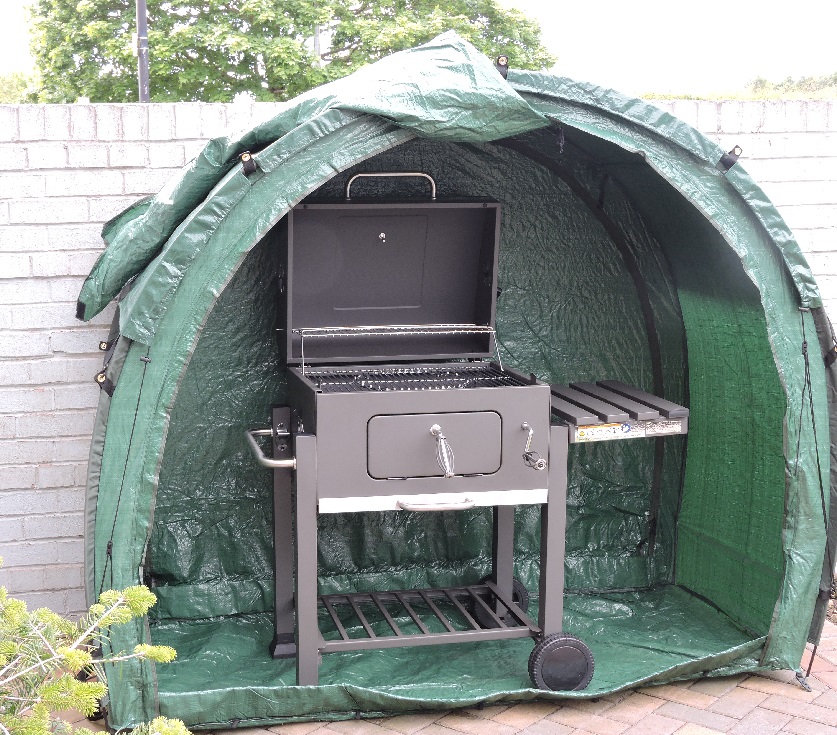 TidyTent Xtra garden storage tent shown here with a large BBQ