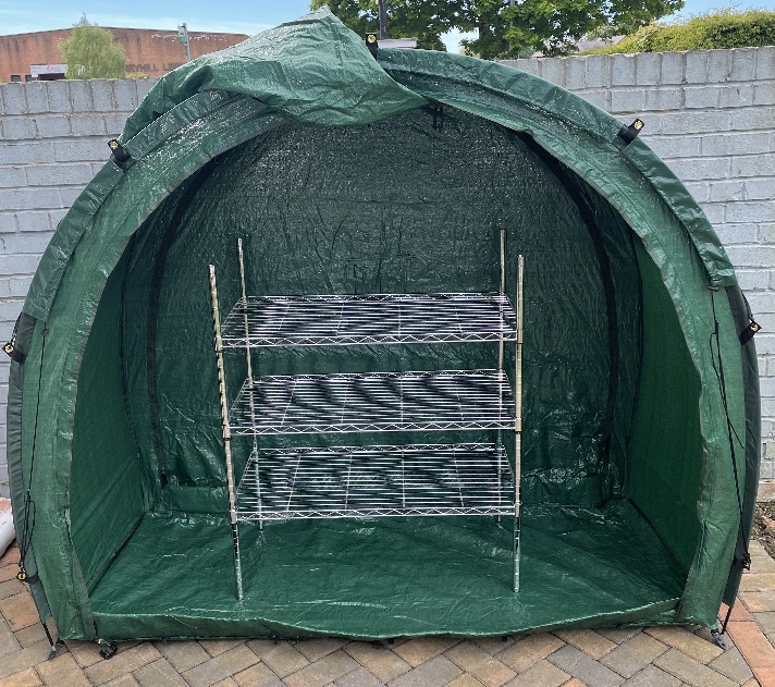TidyTent Xtra garden storage tent with shelves.